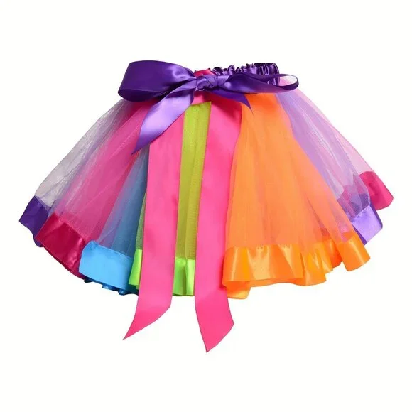 Girls' Rainbow Tulle Skirt, Party Style, Colorful Mesh Dance Tutu With Satin Bow - Picture 2 of 7